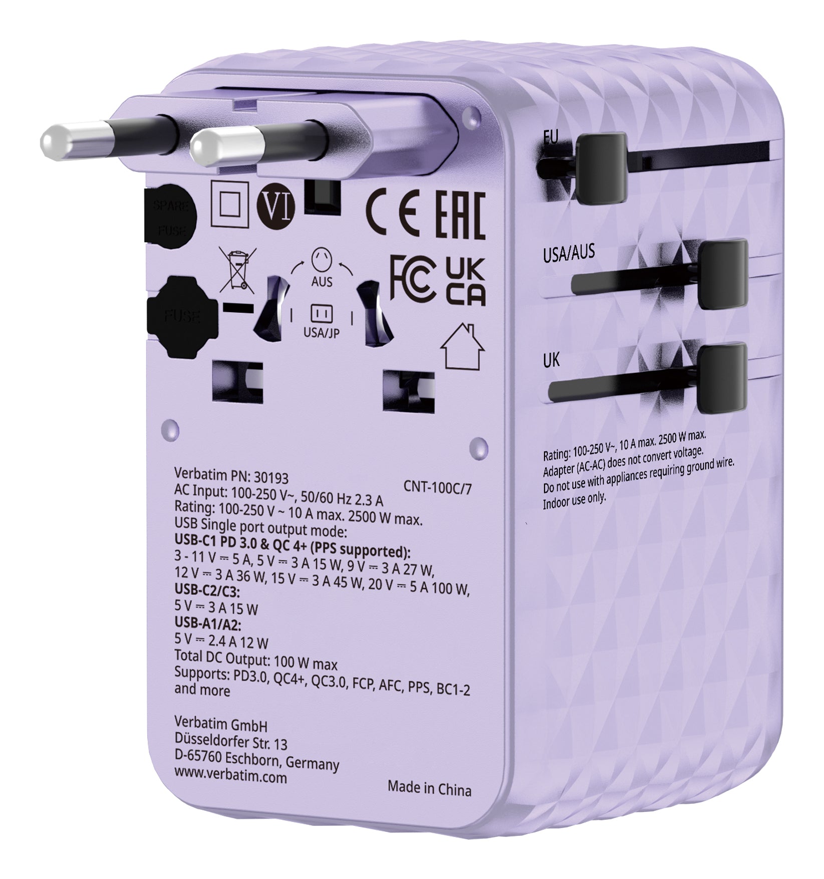 Verbatim 30193 Ladegerät für Mobilgeräte Universal Violett AC Schnellladung Drinnen