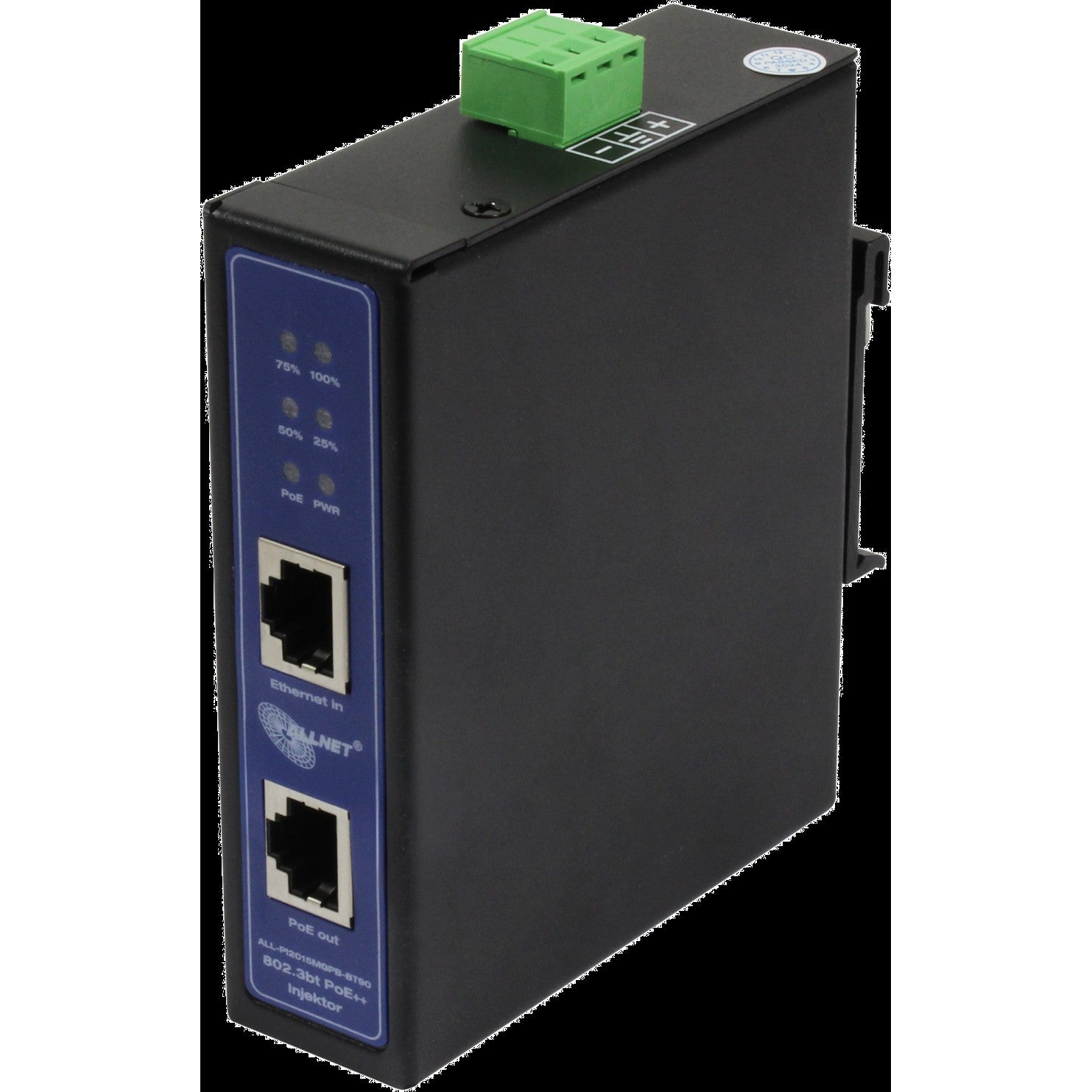 ALLNET Z ALLNET PoE Injektor Industrial MultiGigabit • PoE BT mit Power-Booster (15,4W/30W/90W) • DIN •ALLNET PoE Injekt Metallgehäuse • ALL-PI2015MGPB-B