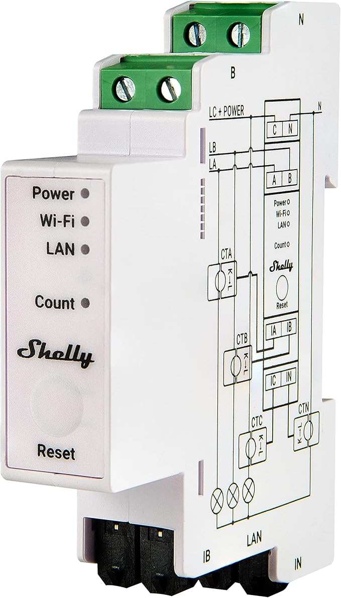 Shelly Relais "3EM" WLAN Stromzähler 3x 120A Inkl. 3 Klemmen Messfunktion DIN