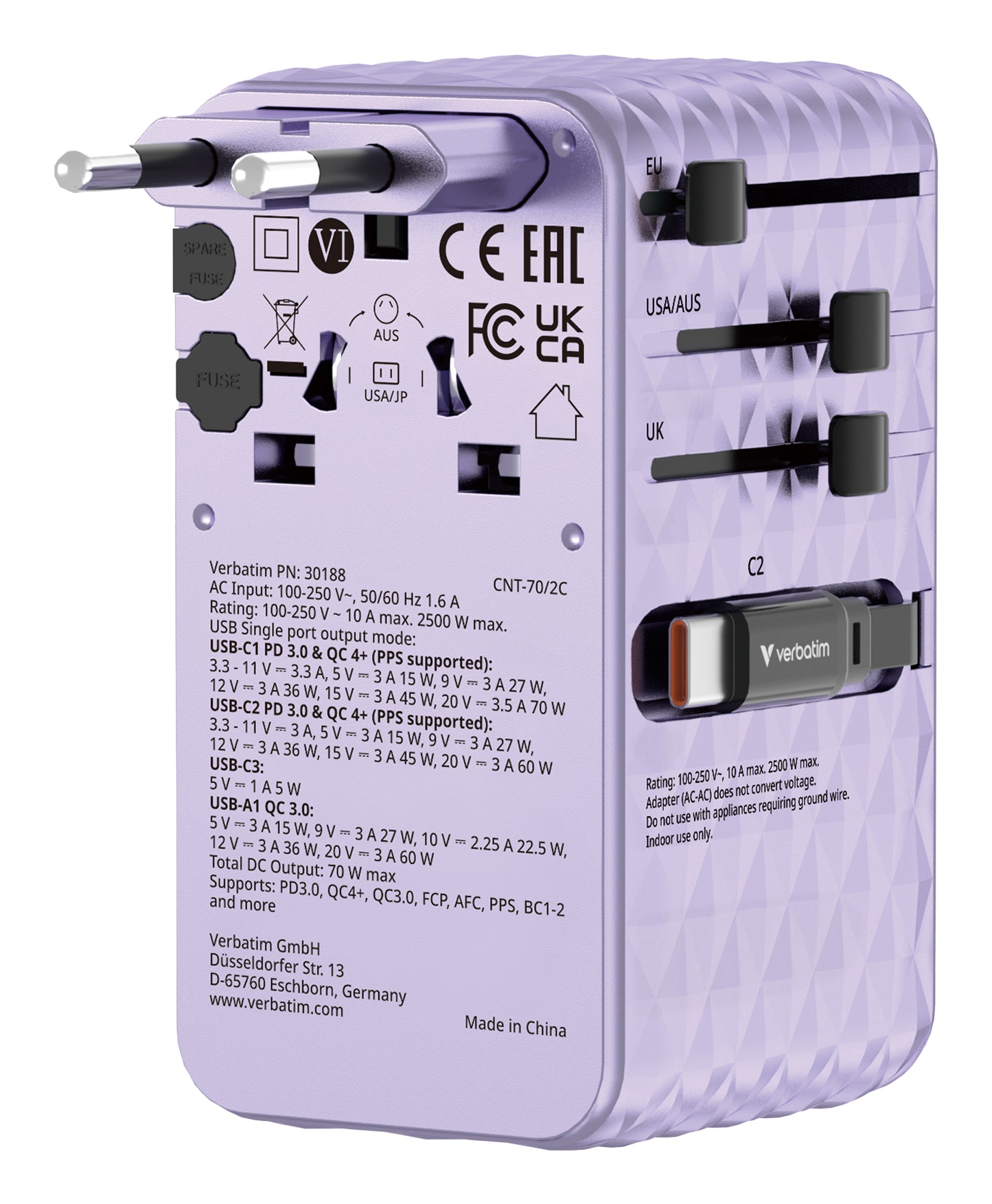 Verbatim Charge 'n' Travel 70W Universal Violett AC Schnellladung Drinnen
