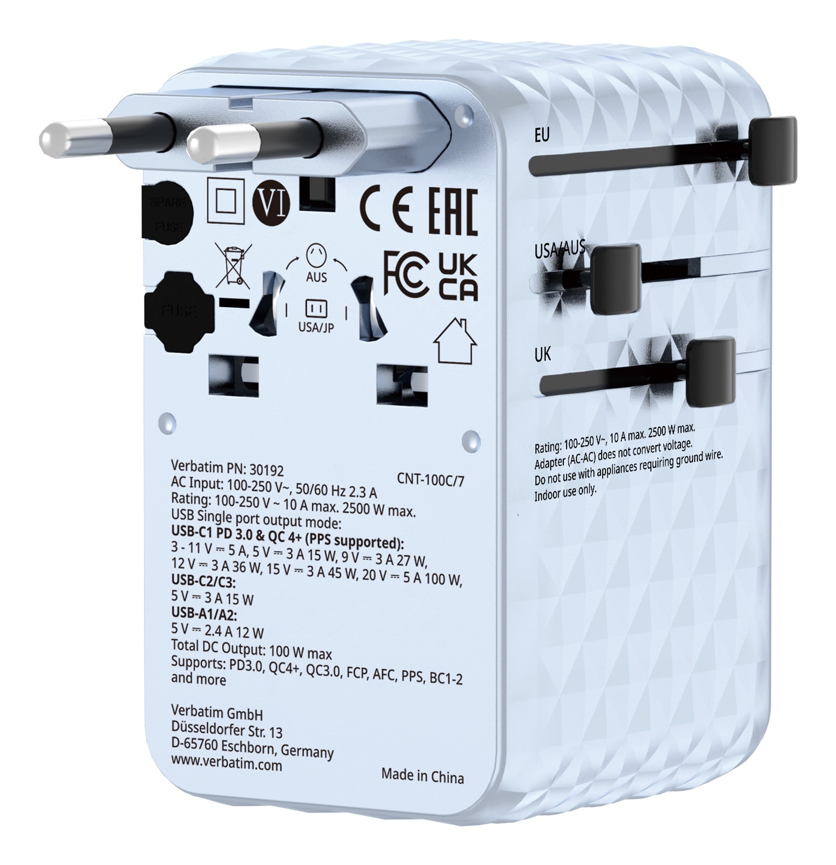 Verbatim 30192 Ladegerät für Mobilgeräte Universal Blau AC Schnellladung Drinnen